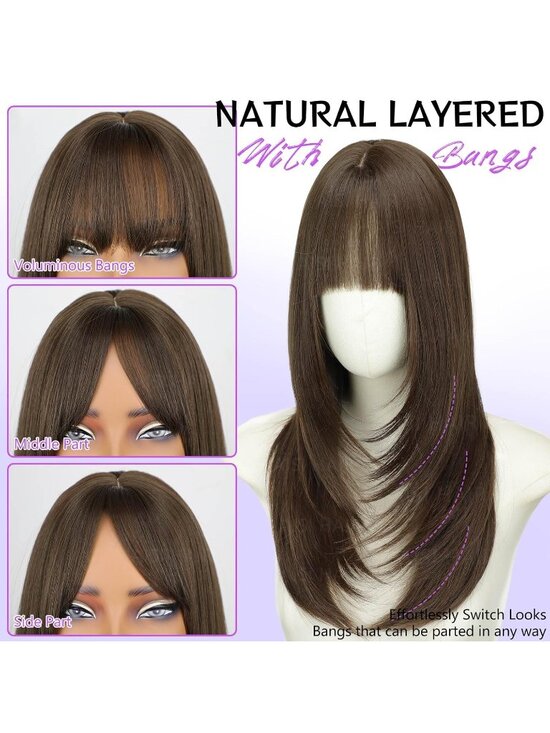 Women\'s Brown Heat Resistant Middle Length Natural Layered Straight Wig main image 5